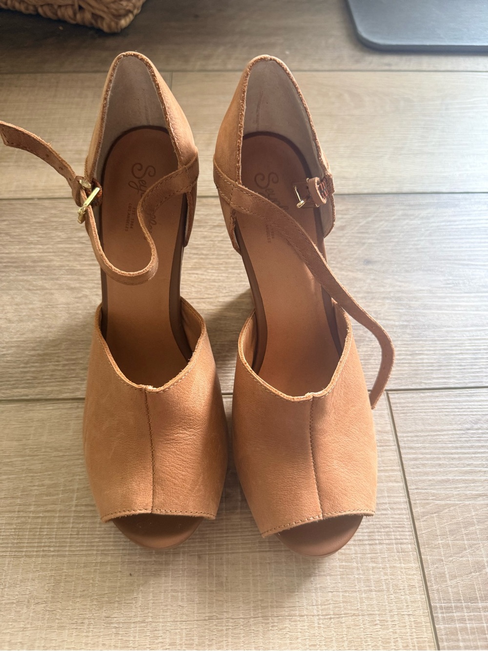 Leather Suede Peep-Toe Ankle Strap Heels in Tan